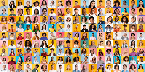 A lively collection showcasing a diverse group of individuals with varied backgrounds, all smiling and celebrating life against colorful backgrounds.