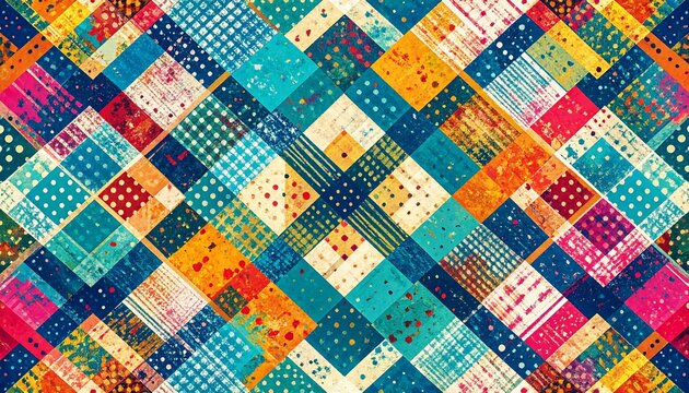 Vibrant patchwork quilt in retro colors - perfect for editorial use