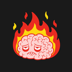 stressed brain on fire cartoon sticker illustration 