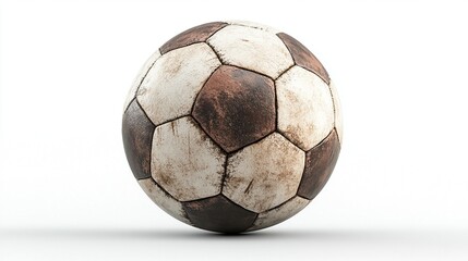 A well-worn, vintage soccer ball, predominantly white and brown, shows significant discoloration and wear, suggesting extensive use and age, against a stark 