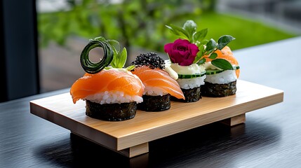 Nigiri Sushi Set Served on Wooden Plate