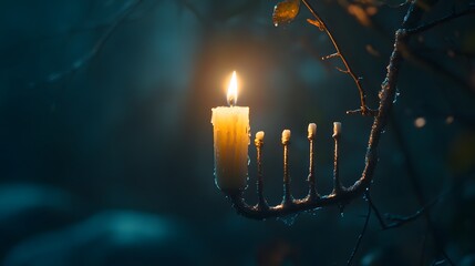 Burning candle in a frosted candleholder outdoors at night.