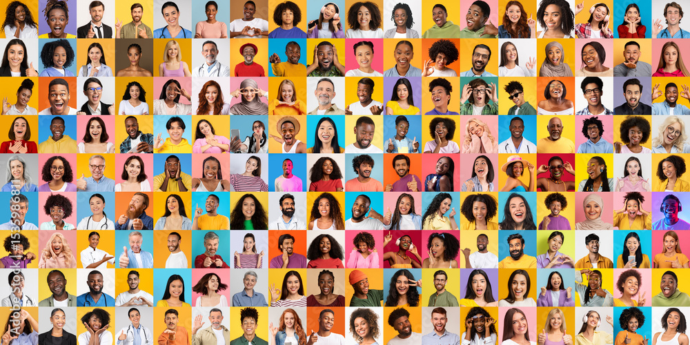 Poster a collage of diverse individuals smiling and expressing themselves against colorful backgrounds.