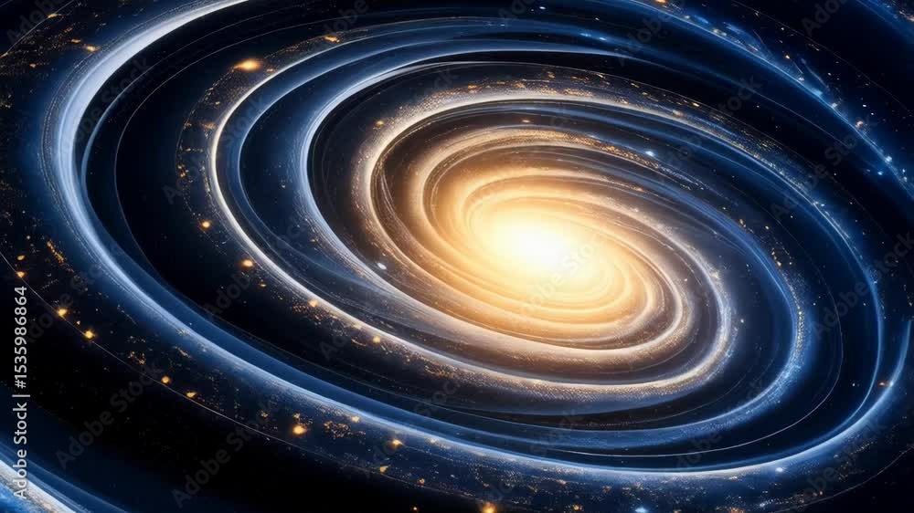 Poster abstract rendering of a swirling galaxy with a bright core, depicting cosmic dust and dark blue arms