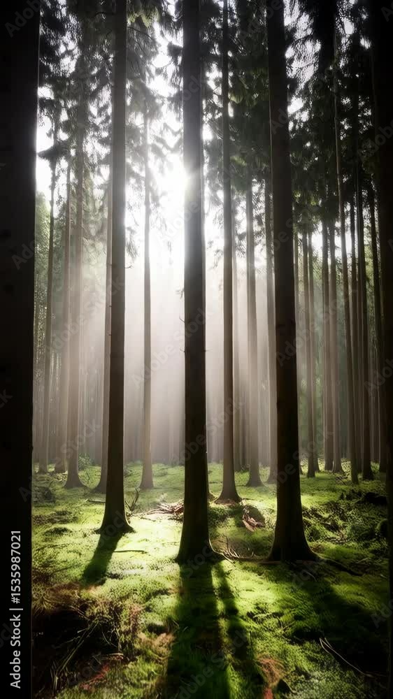 Poster sunlight streams through tall fir trees illuminating the mossy forest floor, creating contrasting sh