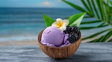 Coconut Bowl of Purple Ice Cream with Blackberries