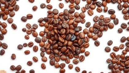 Obraz premium Scattered coffee beans, various sizes and shades, isolated on white, ingredient, roasted