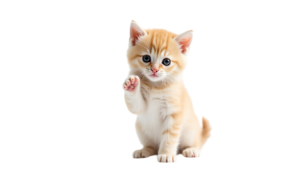 Cute kitten standing with one front paw raised, isolated on white background,studio,baby,white