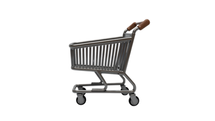 Empty small shopping cart, isolated on white background, metal texture visible,