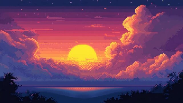 Pixelated Serenity: Captivating 8-bit Sunset Over a Tranquil Lake and Lush Forest