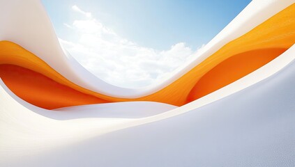 Abstract architectural design. Soft curves of white and orange blend to form a futuristic interior space, bathed in sunlight and featuring a clear blue sky with clouds