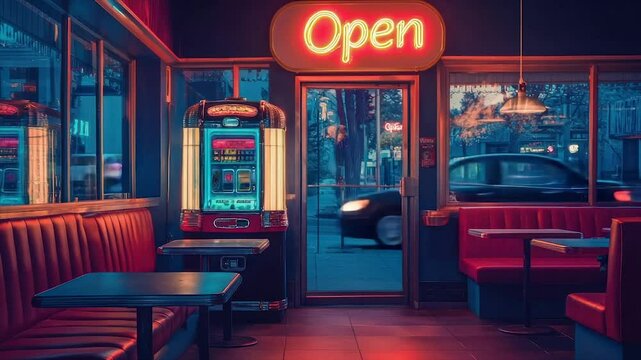 Nostalgic diner at twilight.  Warm, inviting ambiance