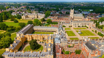 Aerial view of Cambridge University colleges, courtyards and surrounding city on a sunny summer...