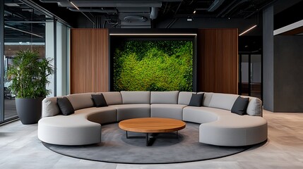 Modern Office Lounge Area with Circular Sofa and Green Wall