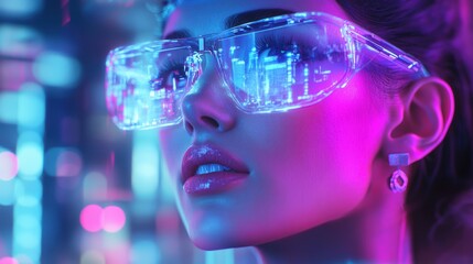 Hispanic woman wearing smart glasses interacting with holographic shopping interface in futuristic city environment with vibrant neon colors. Augmented reality technology and digital commerce.