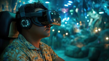 Hispanic man wearing VR headset fully immersed in virtual world with glowing futuristic landscapes showcasing virtual reality gaming technology and digital entertainment experience