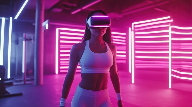 Hispanic woman in futuristic VR fitness session with digital workout instructor in sleek gym environment featuring neon ambient lights showcasing high-energy virtual reality exercise technology