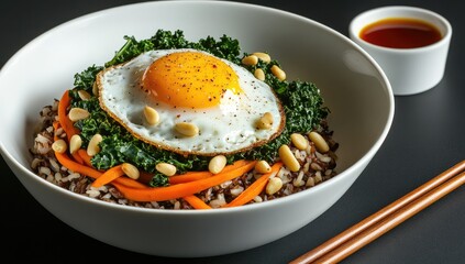Bowl of wild rice, kale, and fried egg with carrots and pine nuts.  A vibrant, healthy meal