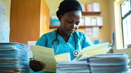 Healthcare worker organizing vaccination records and patient charts in modern clinic. Medical administration and immunization tracking system. Healthcare record keeping and patient care administration