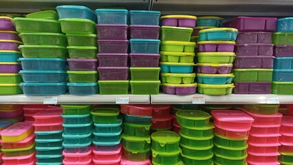 Display racks filled with various colorful plastic lunch boxes neatly arranged in a shop.