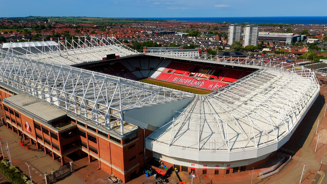 SUNDERLAND, UK - JUNE 13, 2025 - Aerial perspective of the Stadium of Light in Sunderland, UK, showcasing its impressive architecture and dominance in the cityscape