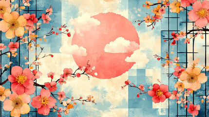 Watercolor japanese cherry blossom art print floral sun illustration nature spring oriental design wall art
