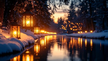 Winter lanterns along a snowy stream
