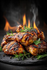 Juicy grilled chicken with rosemary and pepper on slate against fiery backdrop, bbq theme