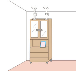 突っ張り耐震ポールと開き扉ロック、地震対策をしている室内の戸棚のベクターイラスト