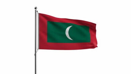 Maldives flag waves featuring a red border and green center with a white crescent
