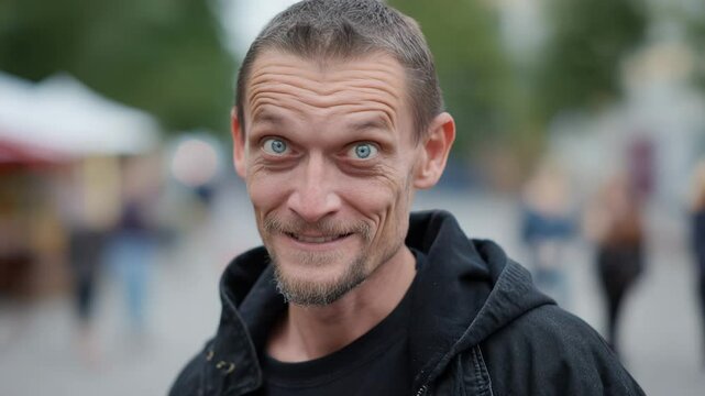 Man on a street with a creepy smirk face
