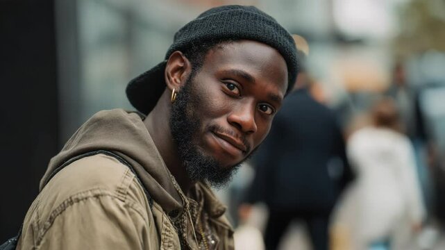 Man on a street with a creepy smirk face
