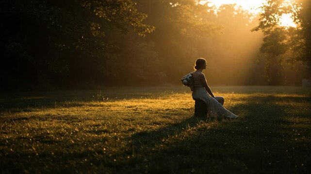 Woman sitting in sunlight on tree stump