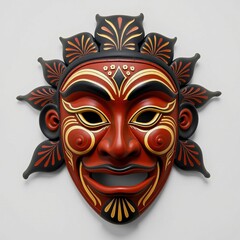 Naklejka premium A vibrant, intricately designed red and black ceremonial mask with gold and white detailing, featuring a sun-like motif with expressive facial features.