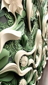 Stylized botanical composition with layered flowers and foliage in shades of green and neutral tones, presented against a dark backdrop.