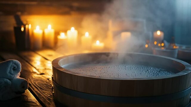 Relaxing spa tub filled with steaming water, lit by candles