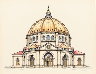 Obraz premium A detailed illustration of a grand domed building with classical architectural elements and ornate windows.