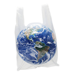 Save the planet from plastic! Earth wrapped in a plastic bag highlighting pollution crisis, created for International Plastic Bag Free Day, isolated on transparent background
