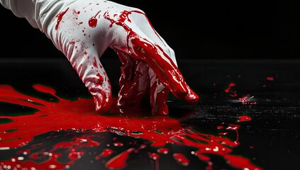 A gloved hand, stained crimson, dips into a pool of red, spattered across a dark surface