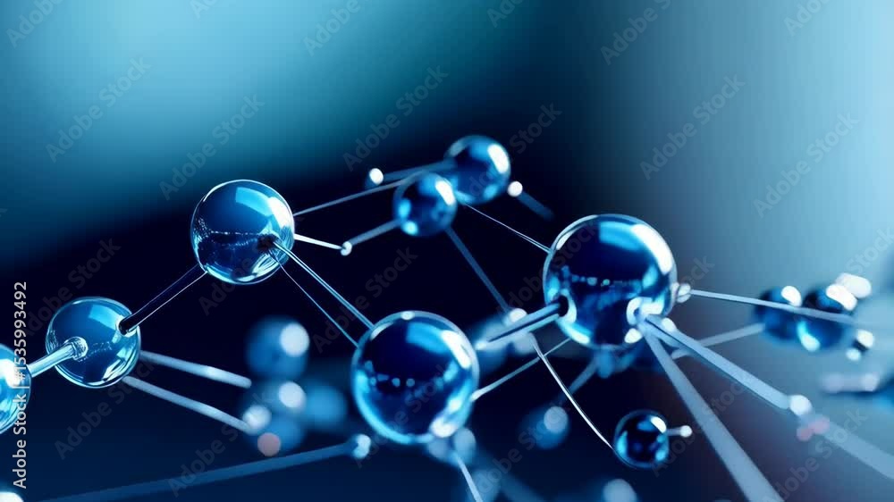 Poster Abstract 3D rendering of interconnected shiny blue spheres forming a molecular structure, representing science, technology, or network concepts.