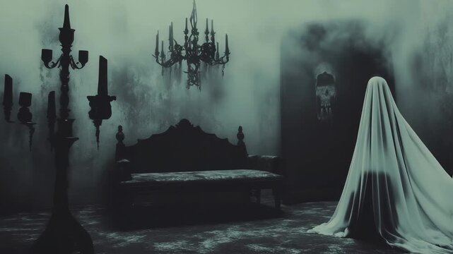 Spectral white ghost gliding through shadowy gothic interior, surrounded by haunting elements like skull, chandelier, and candelabra, emanating paranormal mysteriousness