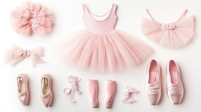 Flat lay of a pink ballet outfit and accessories, centered against a white background