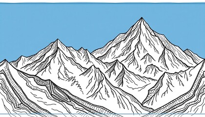 Black and white line drawing of a mountain range with detailed peaks and ridges against a clear blue sky.