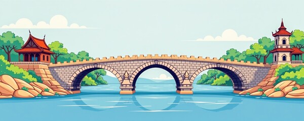 A traditional stone bridge arches over calm blue water, flanked by two Asian-style pagodas amid lush greenery under a partly cloudy sky.
