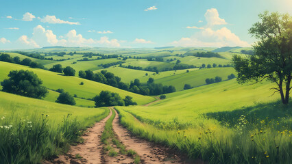 Serene Rolling Hills Landscape A Picturesque Country Road Winding Through Lush Green Fields