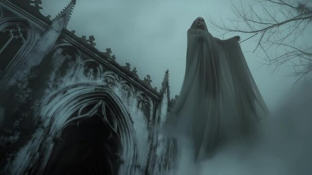 Shadowy spectral entity gliding near stone gothic cathedral, surrounded by dense fog, emanating haunting supernatural presence and dark mysterious energy