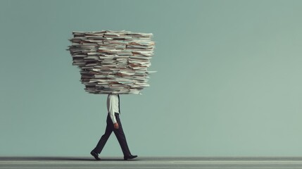 A man is walking with a pile of papers on his head