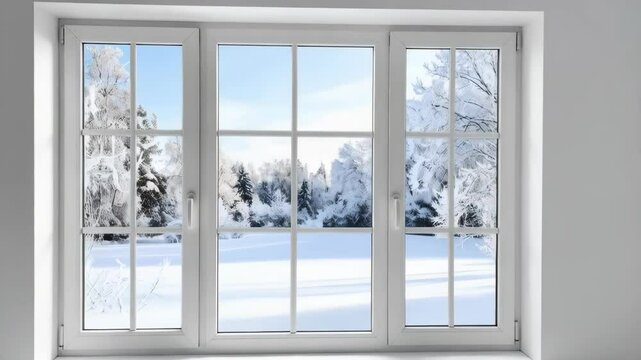 White framed window overlooking a wintry scene with snowy trees and blue sky, offering bright natural light and a crisp, cool aesthetic.