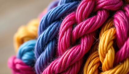 Macro photograph of four strands of braided yarn in purple, pink, blue, and yellow