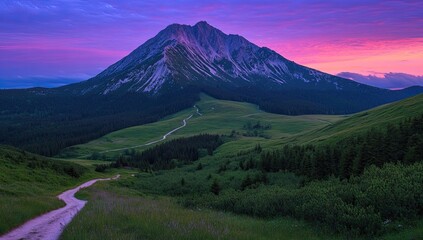 Mountain vista at sunset.  A winding path descends into a valley of lush green meadows and forests at the base of a dramatic, light-gray mountain.  Vibrant colors of sunset paint the sky